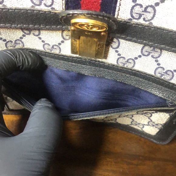 GUCCI GG Ophidia Sherryline Stripe Navy Leather Grey Coated Canvas Crossbody Bag - Picture 13 of 17